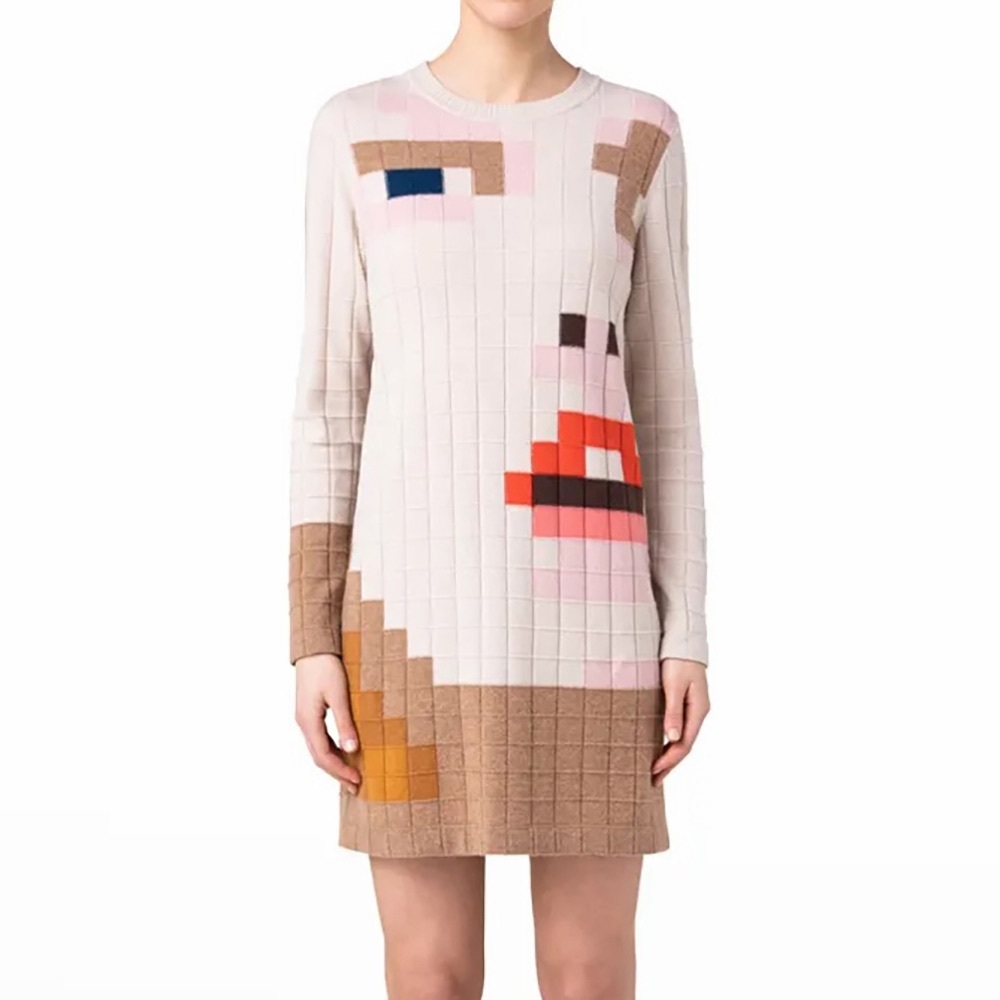 Akris Drei Teile Quilted Face Pixel Cashmere Sweater Knitwear Mini Dress Tan 8